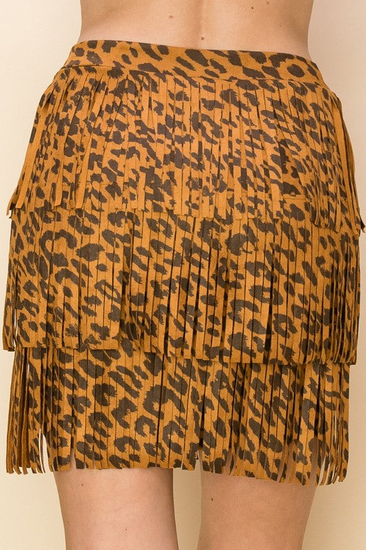 Layered Suede Fringe Skirt | Leopard