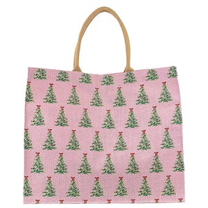 Christmas Trees Pink Jute Tote Bag | Size Large