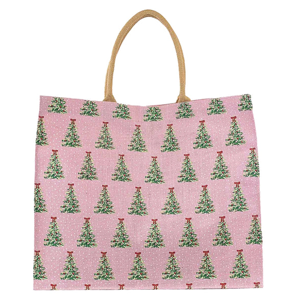 Christmas Trees Pink Jute Tote Bag | Size Large