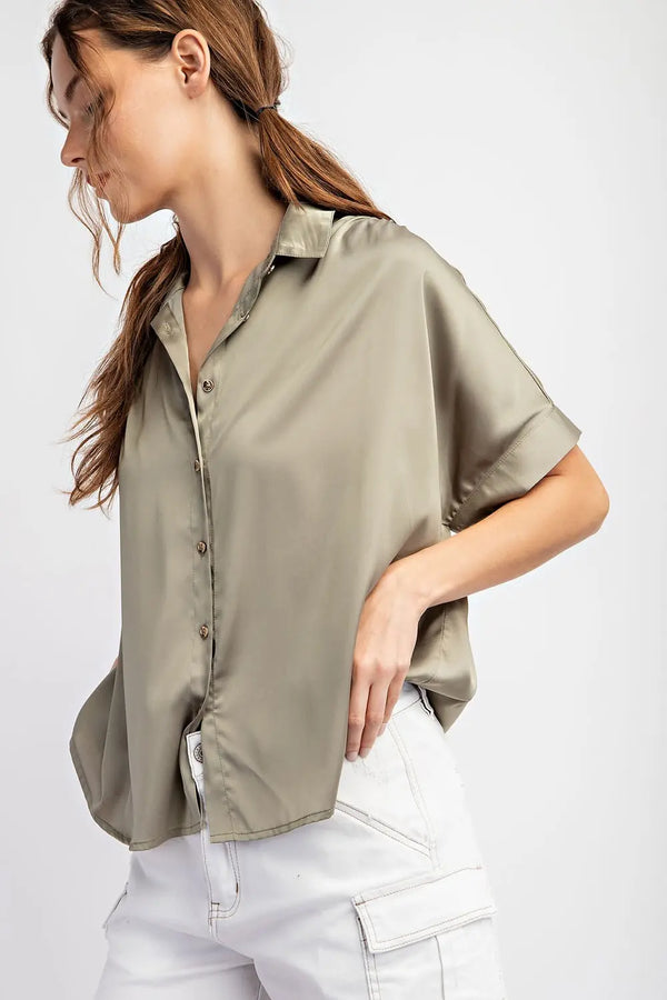 Satin Button Down Top | Sage
