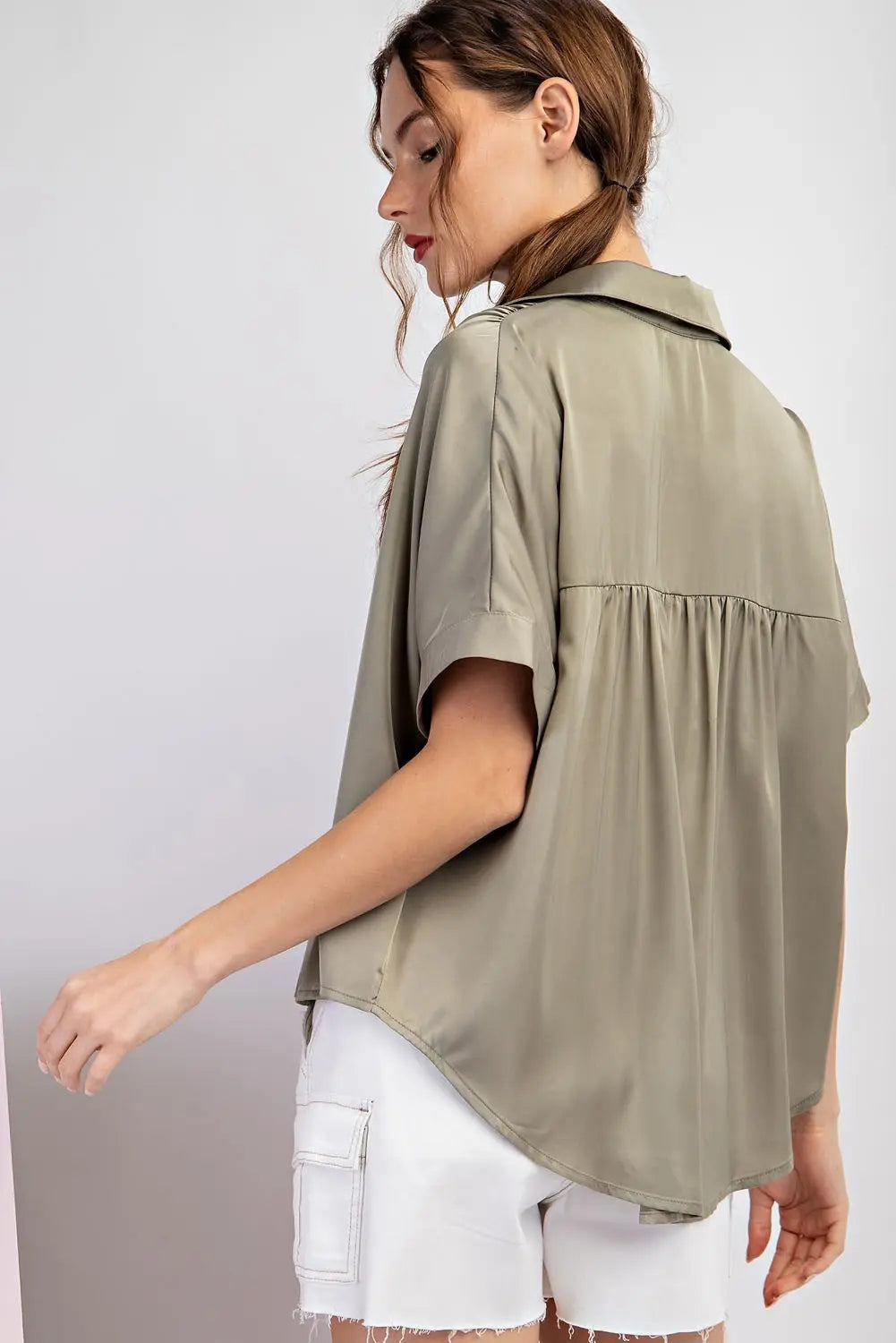 Satin Button Down Top | Sage