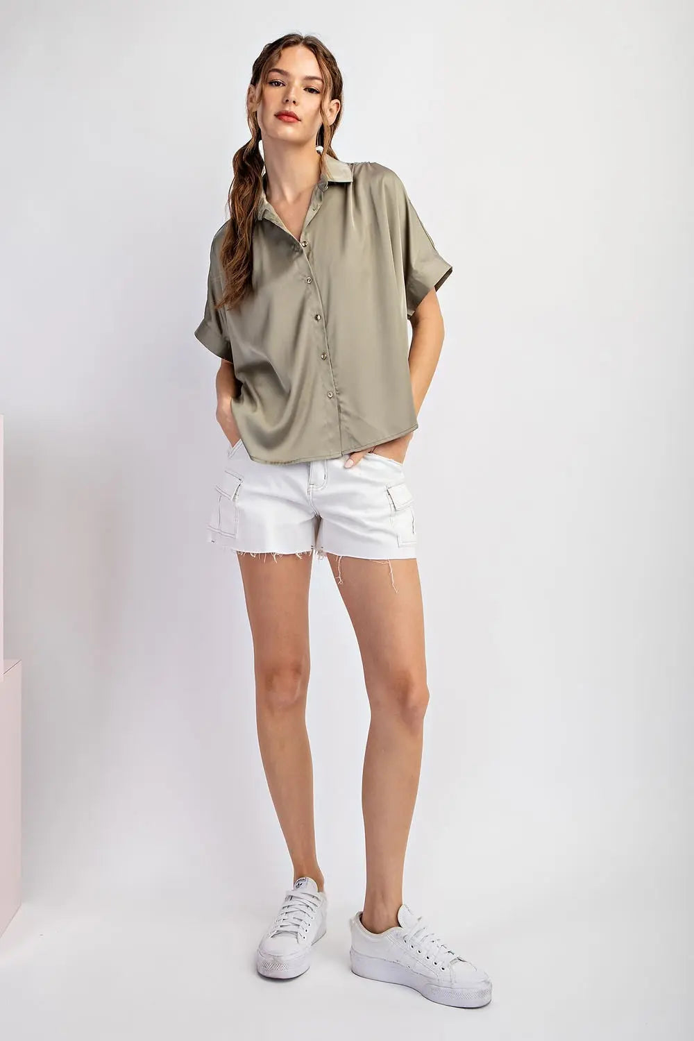 Satin Button Down Top | Sage