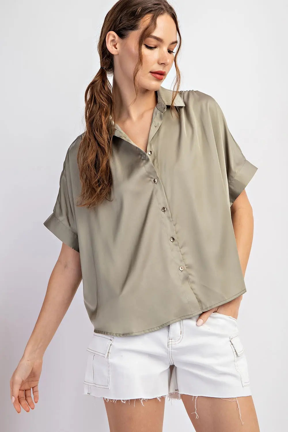 Satin Button Down Top | Sage