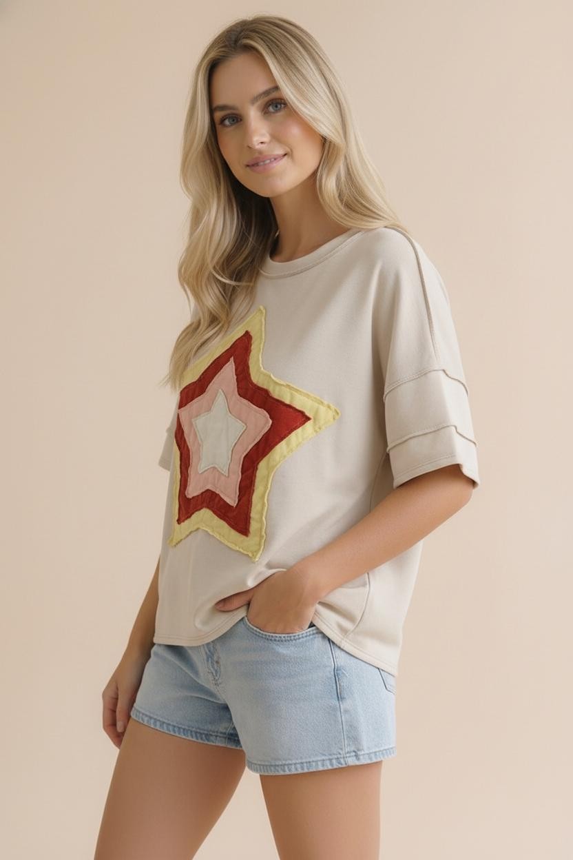 Star Multi Color Patchwork Top | Cream