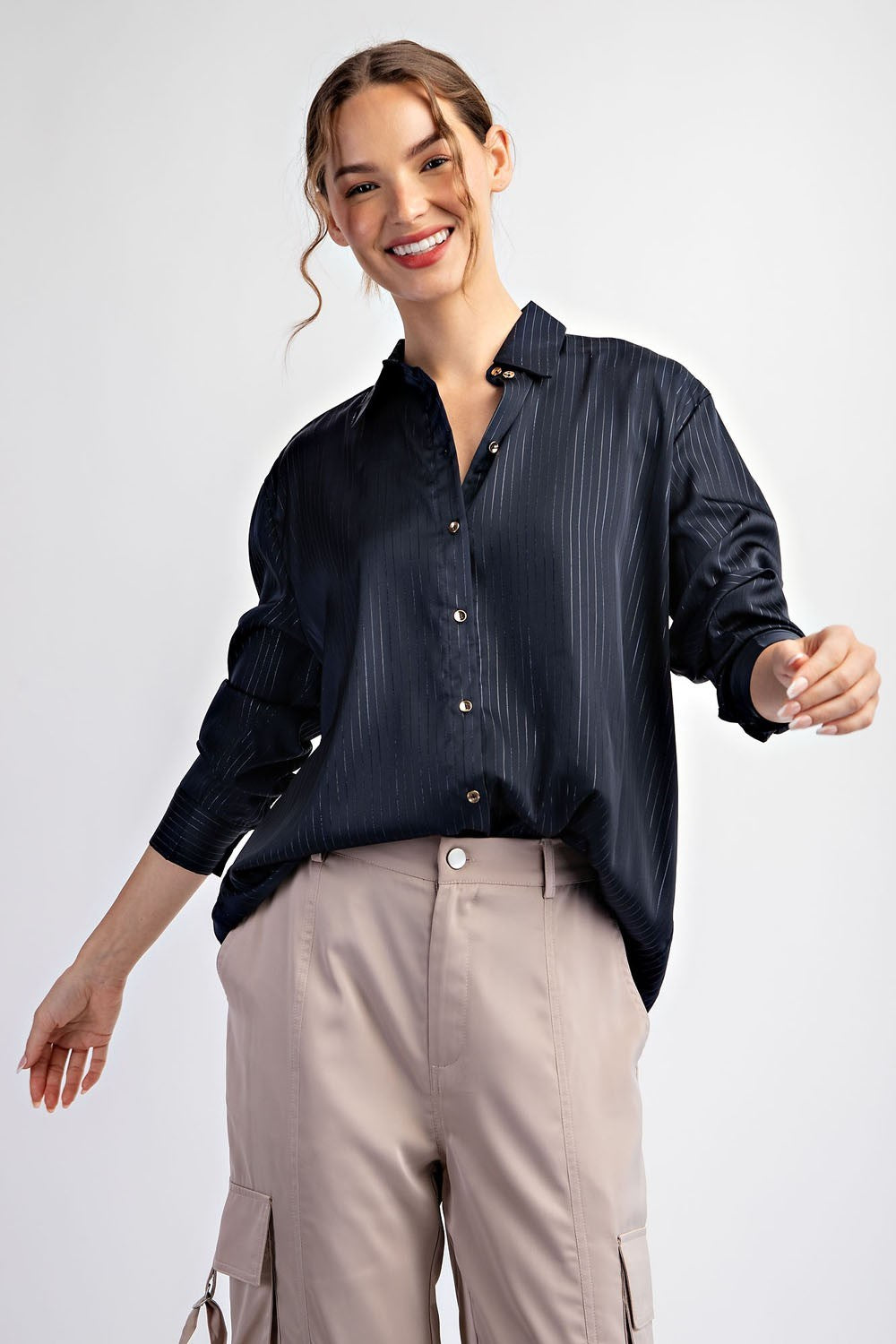 Satin Button Down Stripe Top | Navy
