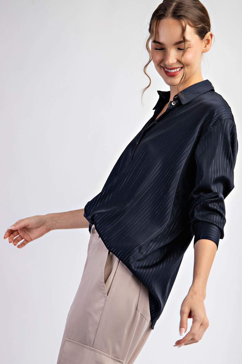 Satin Button Down Stripe Top | Navy