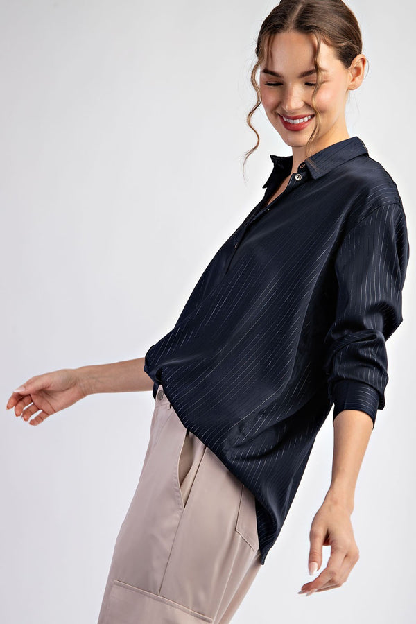 Satin Button Down Stripe Top | Navy