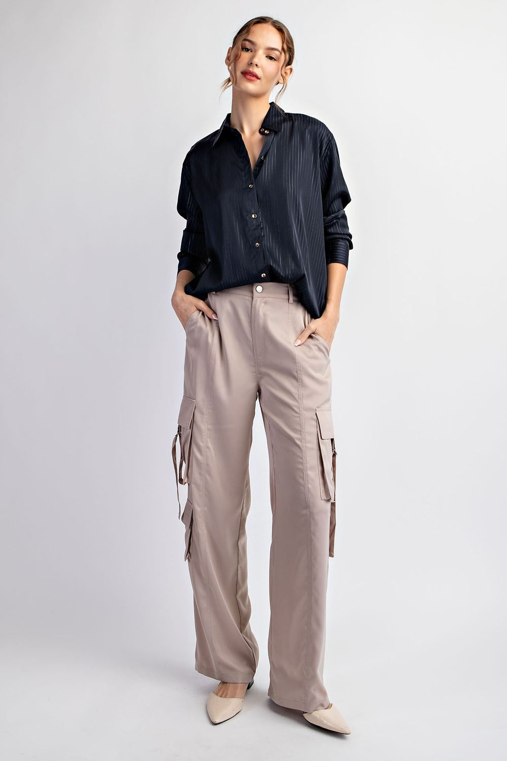 Satin Button Down Stripe Top | Navy