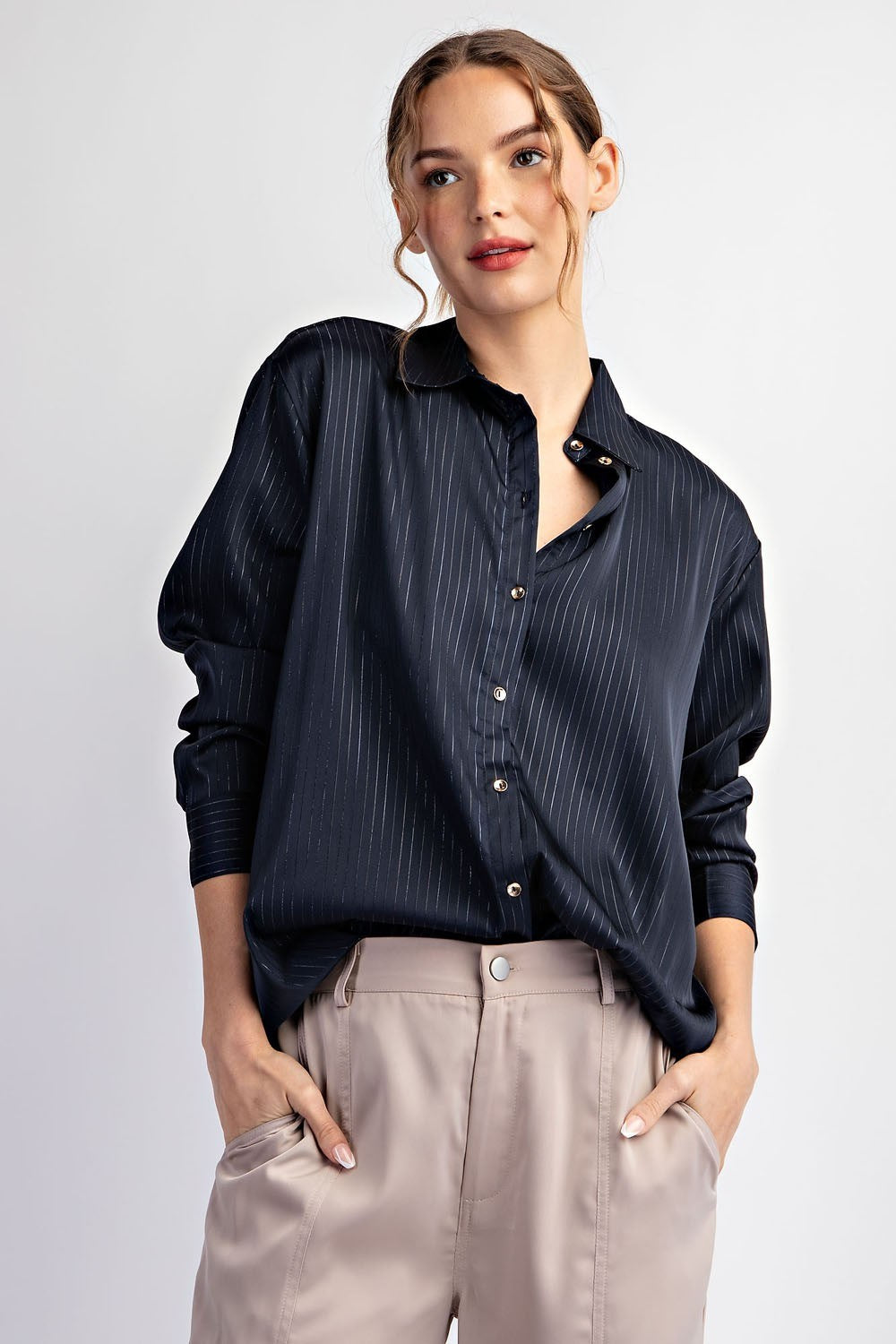 Satin Button Down Stripe Top | Navy
