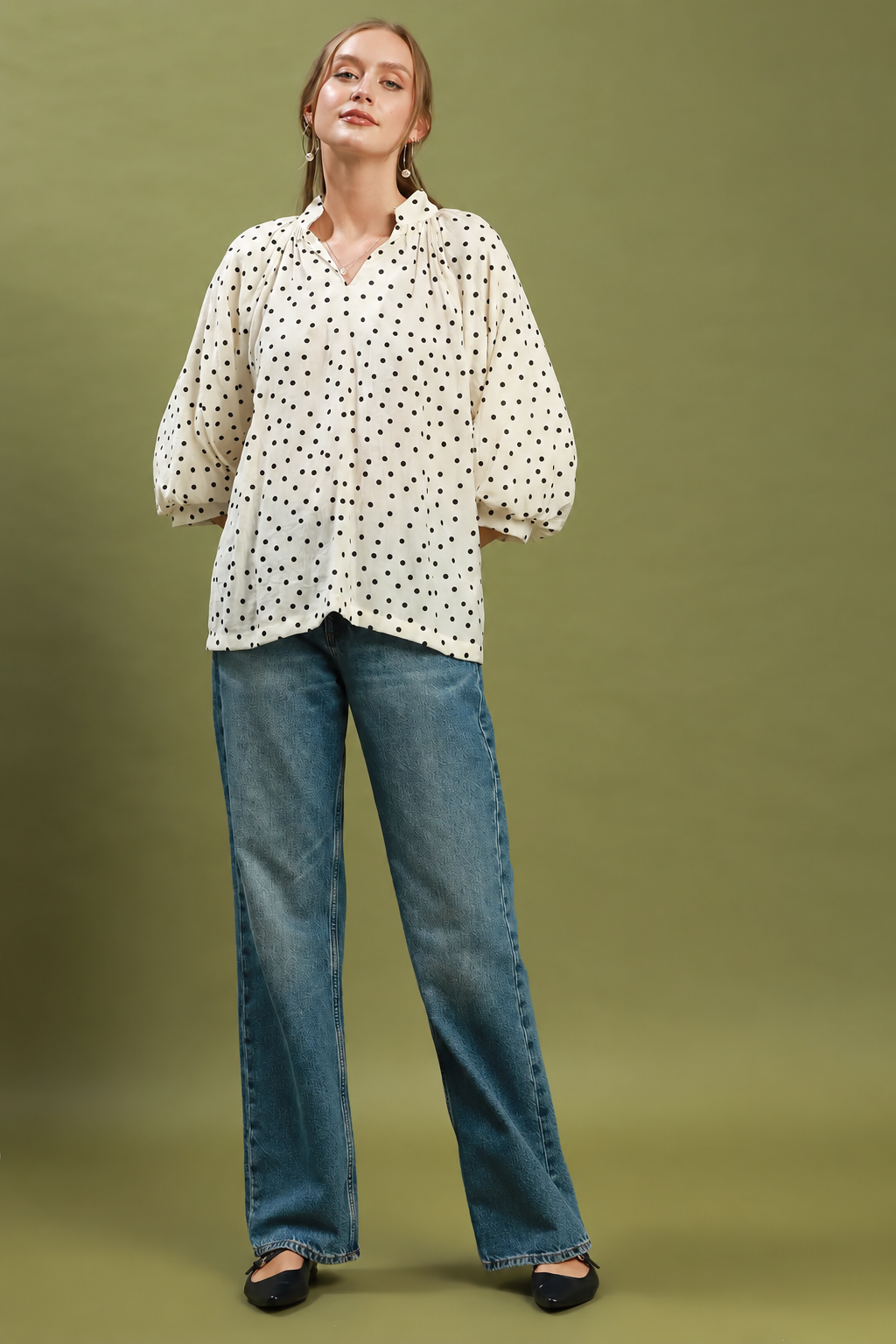 Textured Polka Dot 3/4 Puff Sleeve Top | Cream