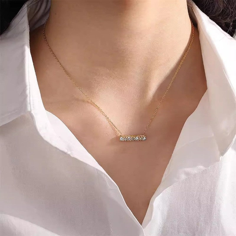 18k Stainless Crystal Bar Necklace | Gold