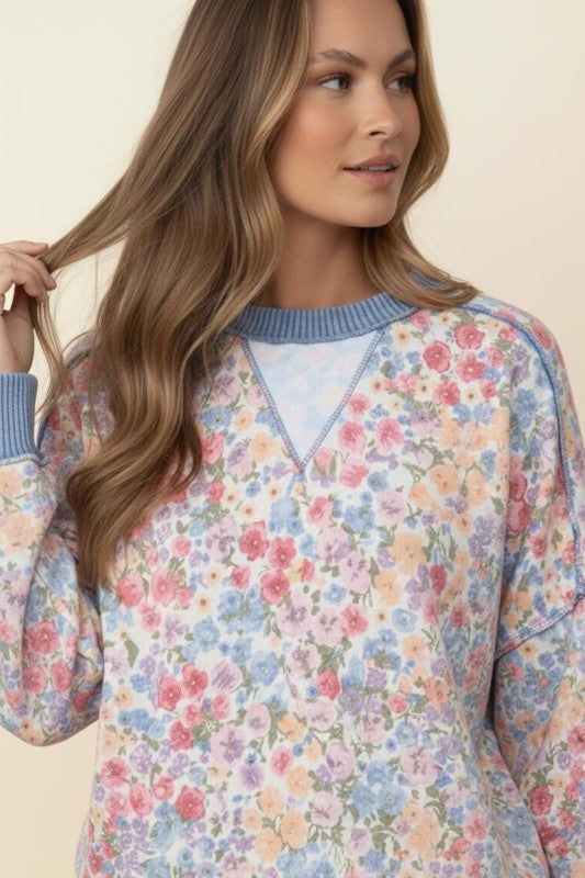 French Terry Floral Top | Blue