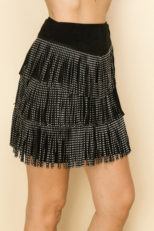Layered Studded Fringe Skirt | Black
