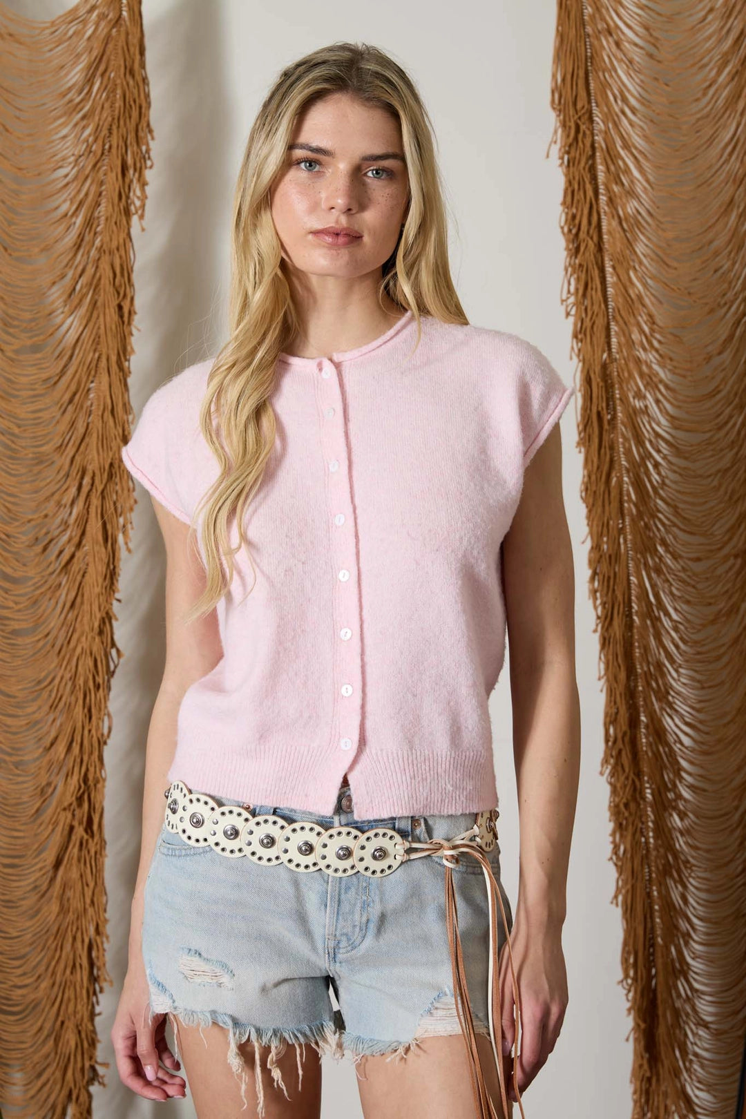 Cap Sleeve Button Cardigan Top | Pink