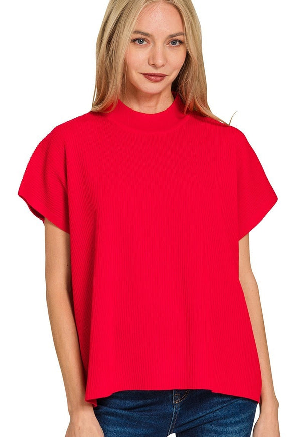 Ribbed Mock Neck Boxy Sweater Top | Ruby