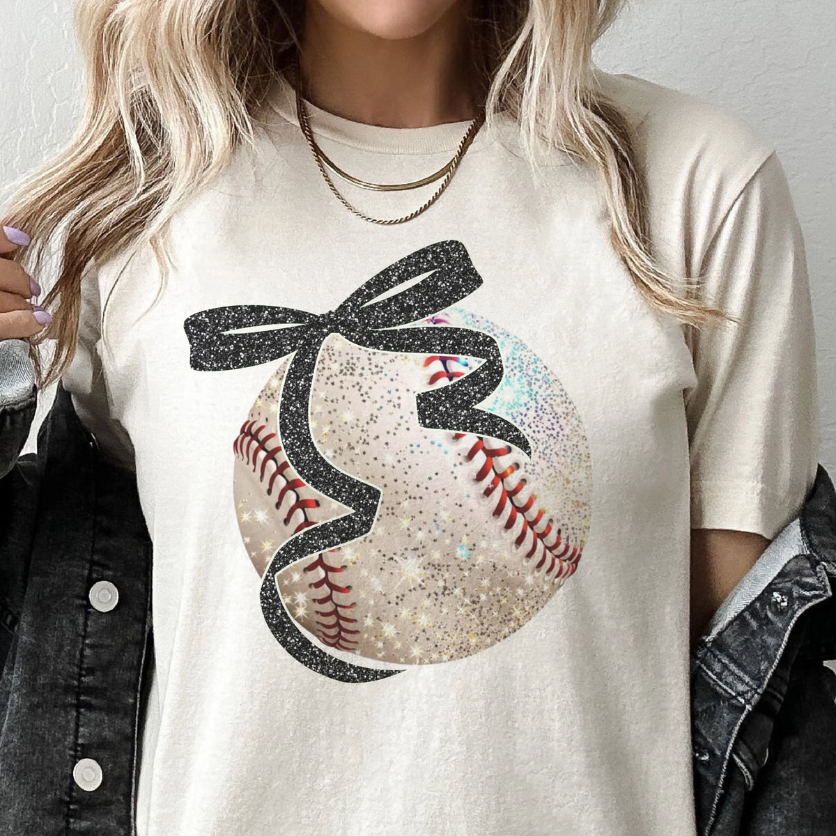 Baseball Bow Faux Glitter Graphic Tee | Cream