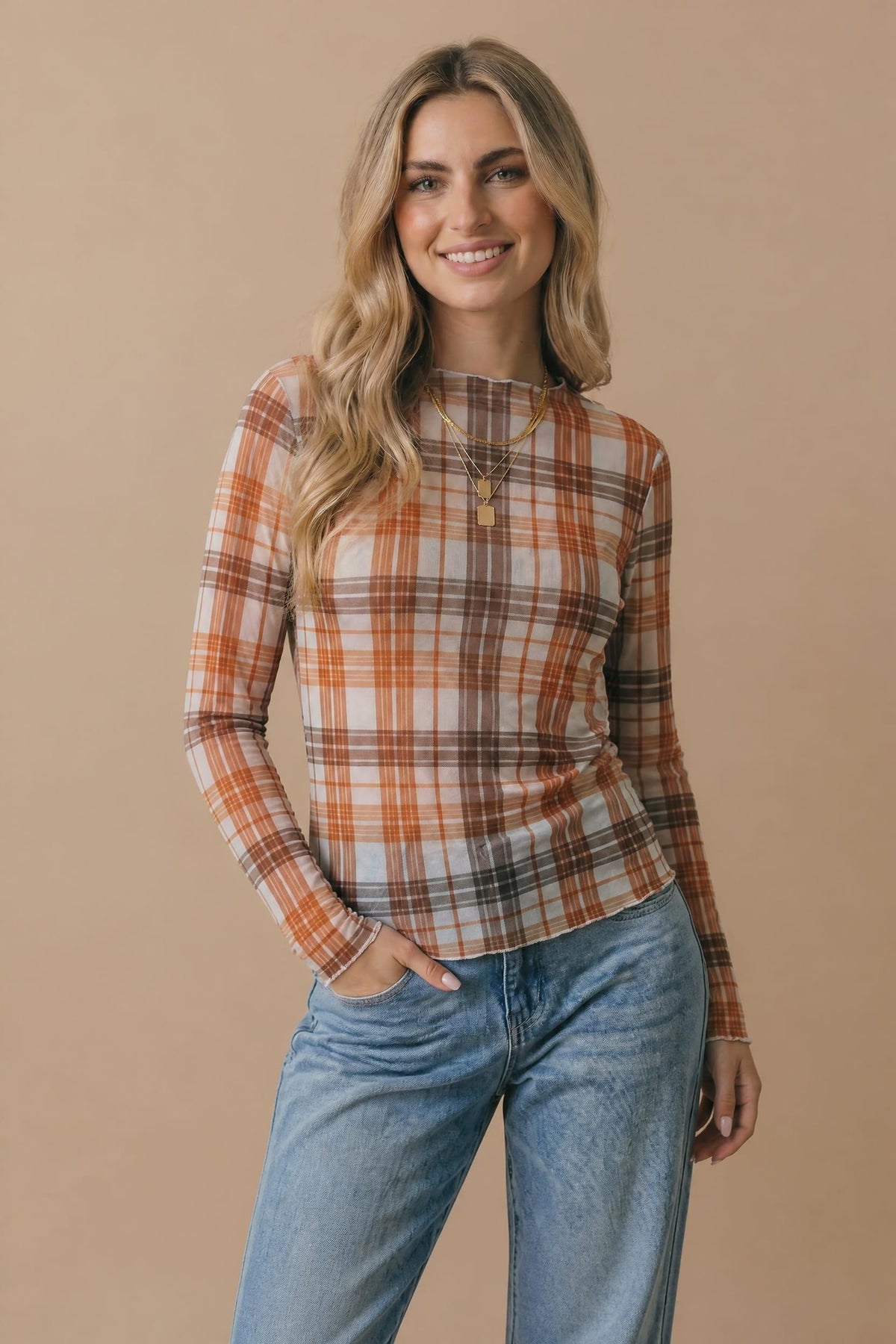 Plaid Mesh Sheer Top | Oatmeal/Rust