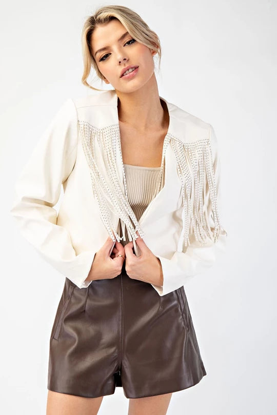 Studded Fringe Faux Leather Jacket | Off White