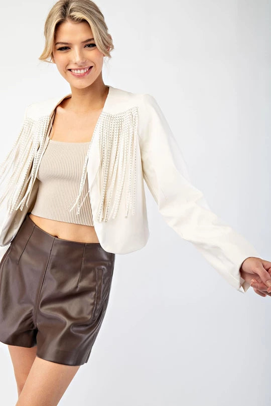 Studded Fringe Faux Leather Jacket | Off White
