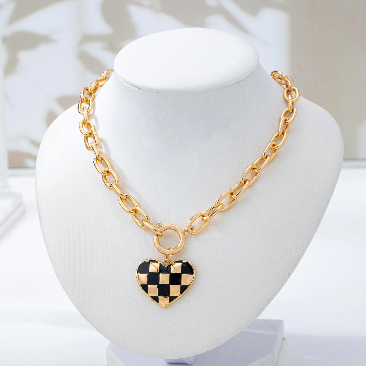 Checkered Heart Front Toggle Necklace | Gold/Black