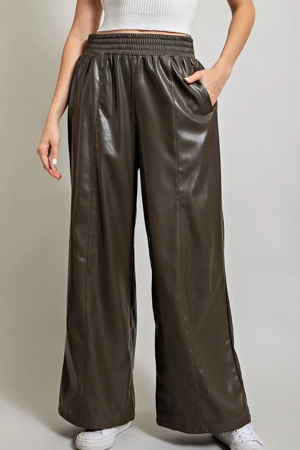 Faux Leather Wide Leg Pants | Olive