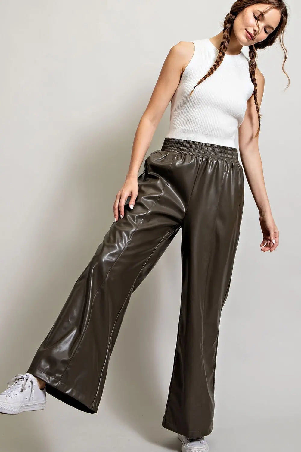Faux Leather Wide Leg Pants | Olive