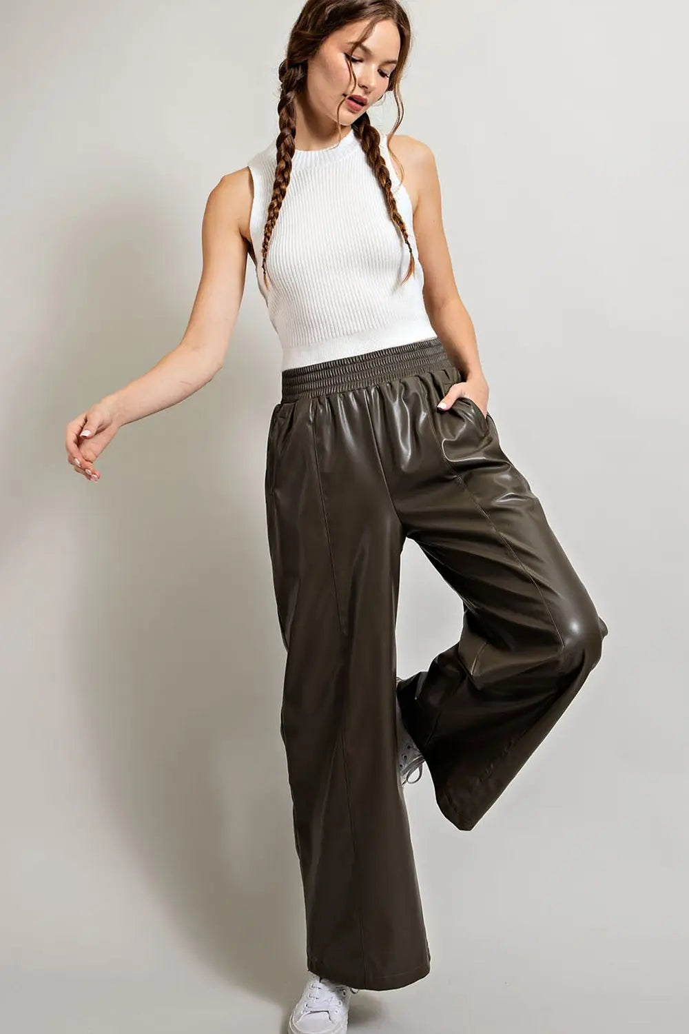 Faux Leather Wide Leg Pants | Olive