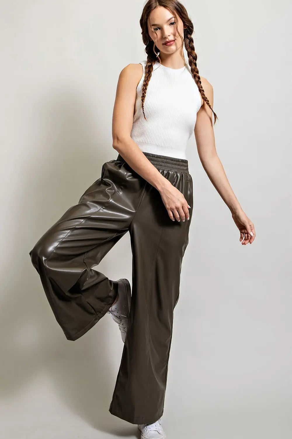 Faux Leather Wide Leg Pants | Olive