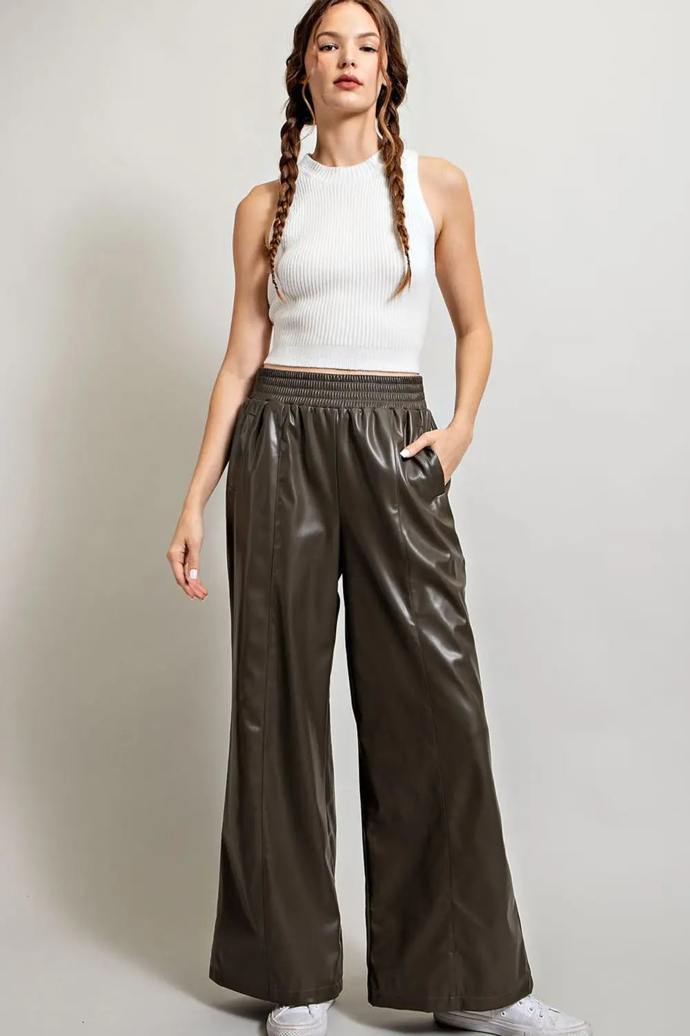Faux Leather Wide Leg Pants | Olive