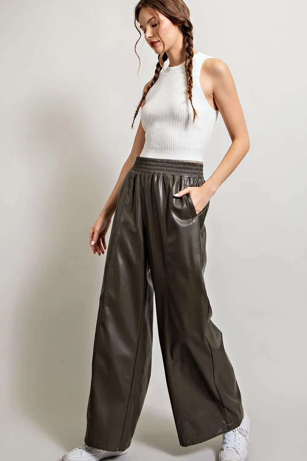 Faux Leather Wide Leg Pants | Olive