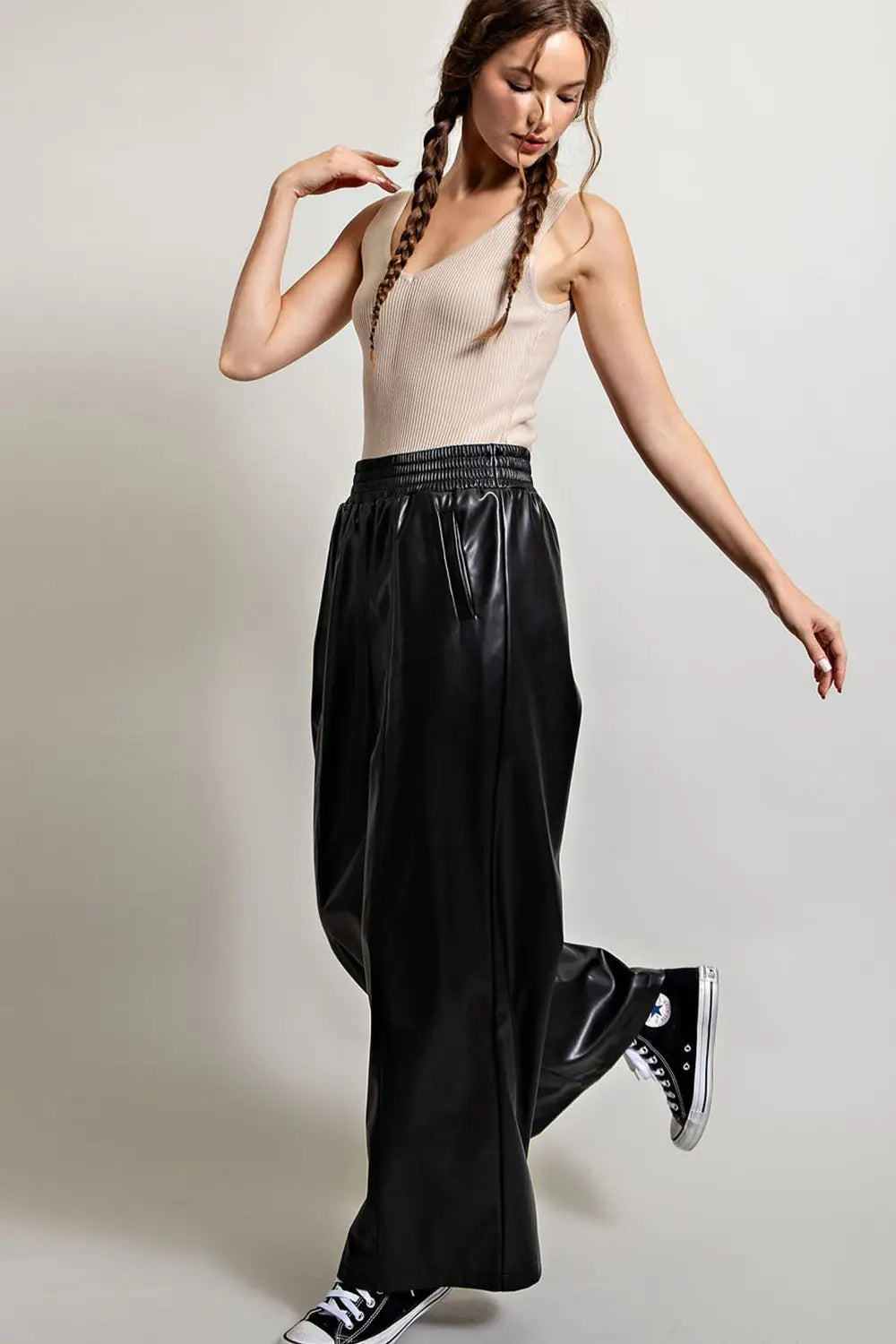 Faux Leather Wide Leg Pants | Black