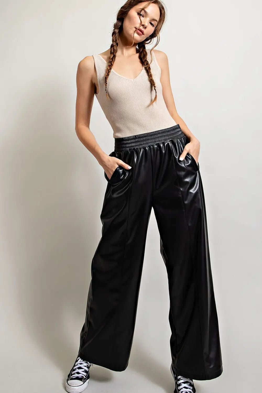 Faux Leather Wide Leg Pants | Black