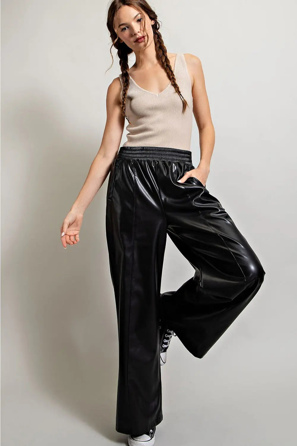 Faux Leather Wide Leg Pants | Black