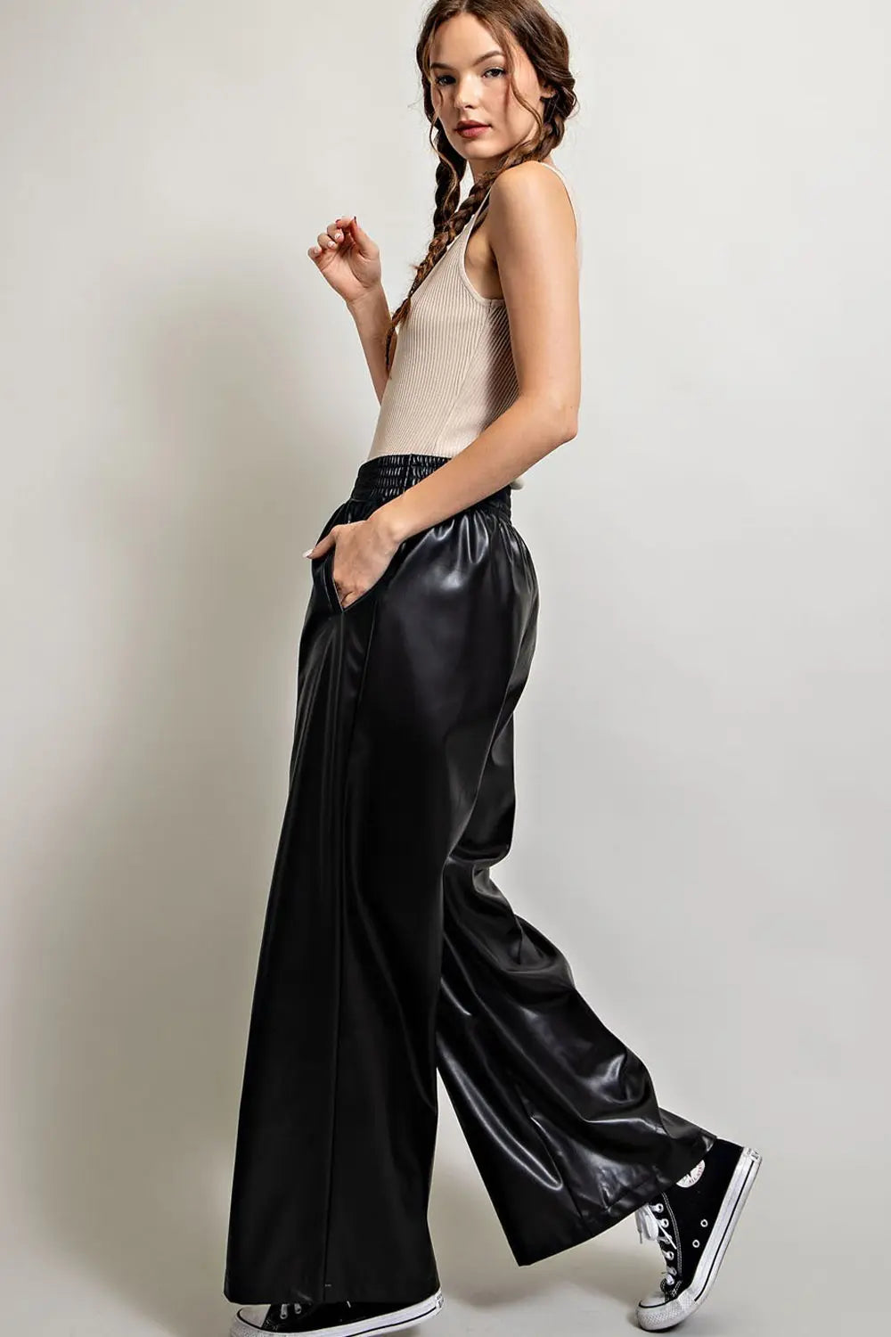 Faux Leather Wide Leg Pants | Black