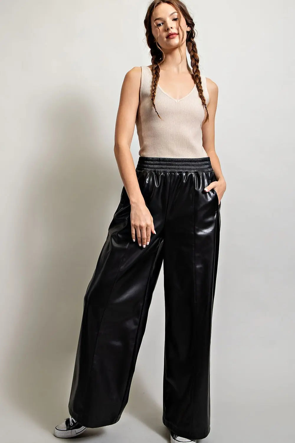 Faux Leather Wide Leg Pants | Black
