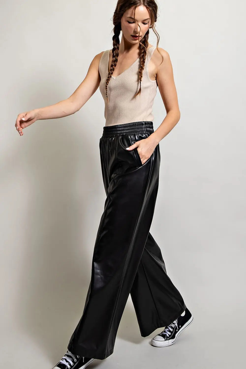 Faux Leather Wide Leg Pants | Black