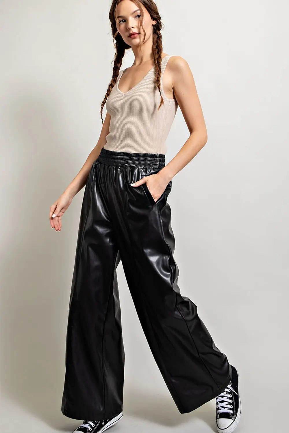Faux Leather Wide Leg Pants | Black