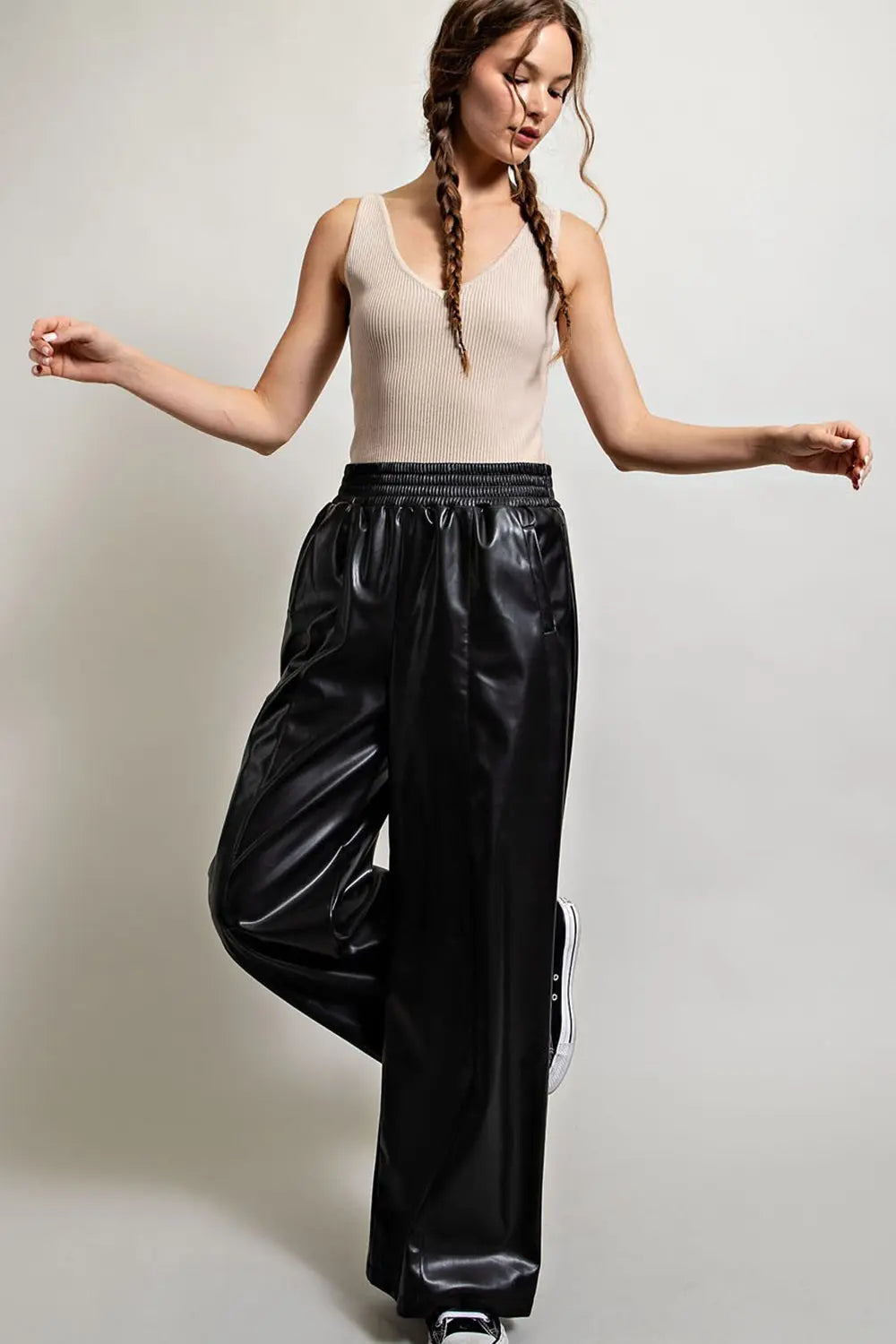 Faux Leather Wide Leg Pants | Black
