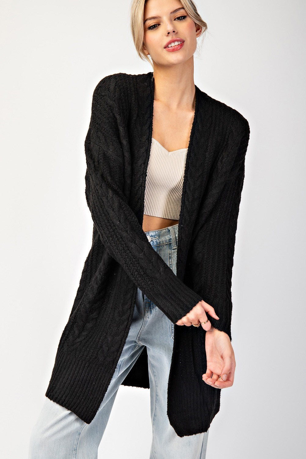 Crochet Knit Long Cardigan | Black