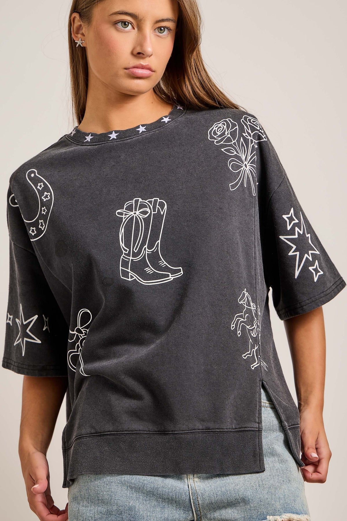 Mineral Washed Western Theme Oversized Top | Vintage Black