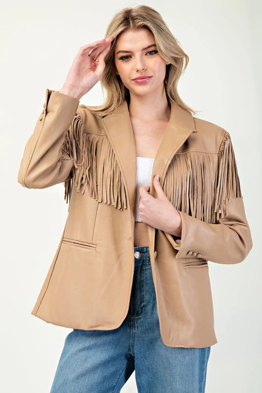 Fringe Collared Faux Leather Jacket | Coco