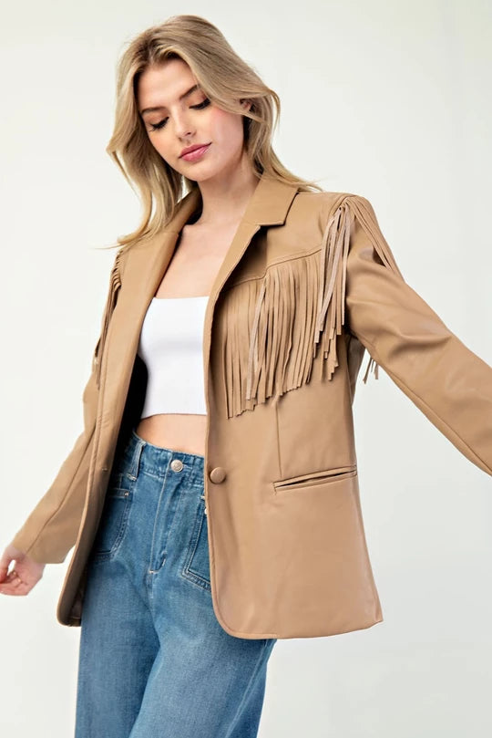 Fringe Collared Faux Leather Jacket | Coco