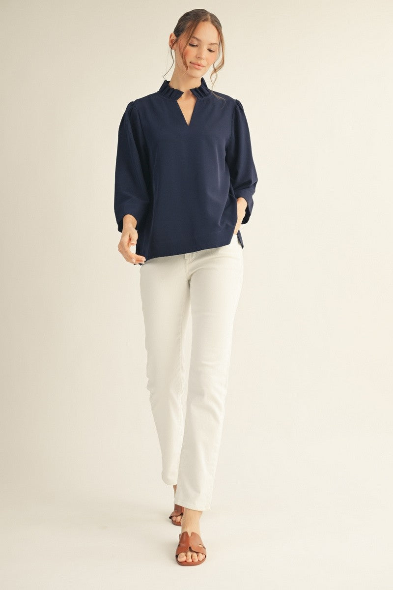 Ruffled Neck Crinkled 3/4 Sleeve Top | Navy