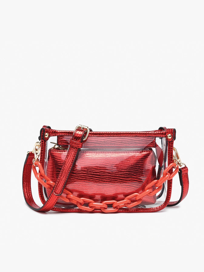 Jessica Clear Vegan Leather Crossbody | Metallic Red