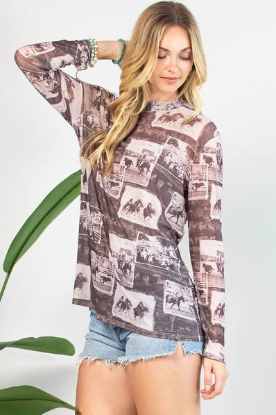 Western Rodeo Sheer Mesh Top | Brown