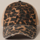 Leopard Distressed Mesh Baseball Cap | Beige