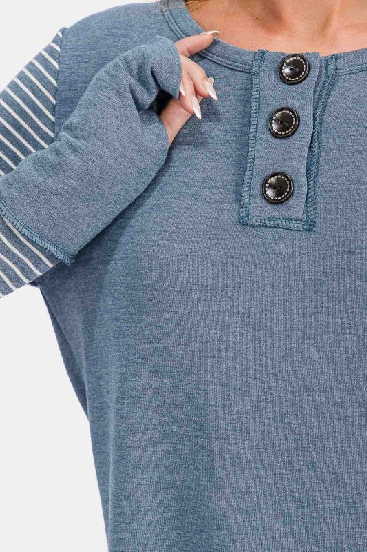 Stripe Contrast Button Top | Vintage Teal