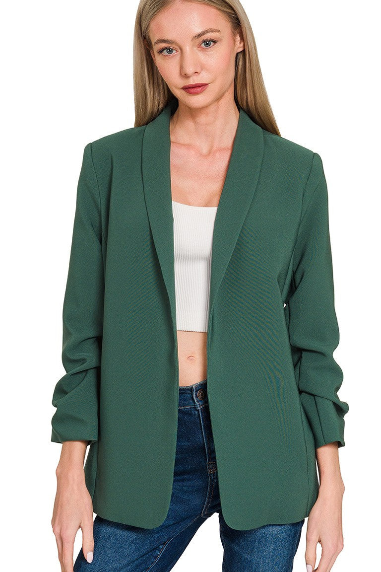 Woven 3/4 Ruched Sleeve Open Front Classic Blazer | Hunter Green