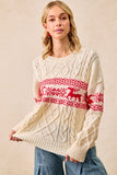 Christmas Cable Knit Sweater Top | Cream/Red