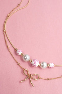 Pink Ceramic Bow Layered Chain | Gold Necklace